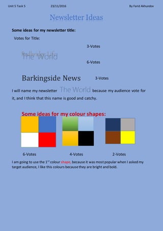 Unit 5 Task 5 23/11/2016 By Farid Akhundov
Some ideas for my newsletter title:
Votes for Title:
3-Votes
6-Votes
3-Votes
I will name my newsletter
6-Votes 4-Votes 2-Votes
I am going to use the 1st
colour shape, because it was mostpopular when I asked my
target audience, I like this colours becausethey are bright and bold.
Newsletter Ideas
 