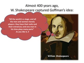Almost 400 years ago, W. Shakespeare captured Goffman’s idea:“All the world is a stage, and all the men and women merely players: they have their exits and their entrances; and one man in his time plays many parts” As you like it, IIWilliam Shakespeare