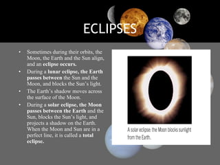 ECLIPSES Sometimes during their orbits, the Moon, the Earth and the Sun align, and an  eclipse occurs. During a  lunar eclipse, the Earth passes between  the Sun and the Moon, and blocks the Sun’s light. The Earth’s shadow moves across the surface of the Moon. During a  solar eclipse, the Moon passes between the Earth  and the Sun, blocks the Sun’s light, and projects a shadow on the Earth. When the Moon and Sun are in a perfect line, it is called a  total eclipse. 