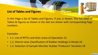 List of Tables and Figures
In this Page a list of Tables and Figures, if any, is shown. The full titles of
Tables & Figures as shown in the text are shown with corresponding Page
numbers.
Examples
• 1.1. List of RPTCs and their areas of Operation 13
• 1.2. District-wise Classification of Rubber Holdings in Kerala 16
• 1.3. Selection of Sample Member Rubber Producers’ Societies 18
 