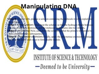 Manipulating DNA
• Step 0: To start with, prepare a solution containing the molecule m to be copied and
the primers.
• Step 1: (Denaturation) Then, heat the solution so that the hydrogen bonds between
the two strands are destroyed, and the molecule m denatures into two strands.
• Step 2: (Annealing) Now, cool down the solution so that the primers will anneal to
their complementary subsequences.
• Step 3: (Polymerase extension) Finally, apply the polymerase extension technique
to fill in the sticky ends so as to form double strands.
 