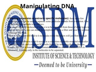 Manipulating DNA
• Filtering (separates or extracts specific molecules): there are a few
techniques that can be used to separate some particular strands from a solution. One
of the simplest methods is as follows.
• If a single stranded molecule of type o is to be separated from those of other types in
a given solution S, one can attach its complement (ō) to a filter and pour the solution
S through the filter.
• Then, o molecules will bind to ō molecules while the others will just flow through
the filter.
• The annealing between o and ō results in a collection of double-stranded molecules
fixed to the filter, and a solution S* results from S by removing the o molecules.
• Finally, the filter is transferred to a container where the double stranded DNA is
denatured, resulting only in the molecules to be separated.
 
