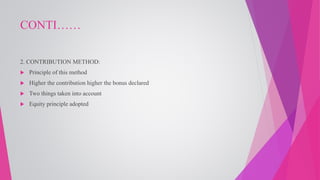 CONTI……
2. CONTRIBUTION METHOD:
 Principle of this method
 Higher the contribution higher the bonus declared
 Two things taken into account
 Equity principle adopted
 
