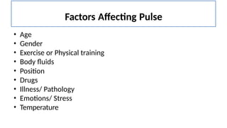 Factors Affecting Pulse
• Age
• Gender
• Exercise or Physical training
• Body fluids
• Position
• Drugs
• Illness/ Pathology
• Emotions/ Stress
• Temperature
 