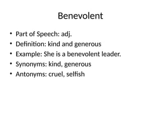 Benevolent Example Comprehensive Vocabulary Guide: Definitions, Synonyms, and Usage ...