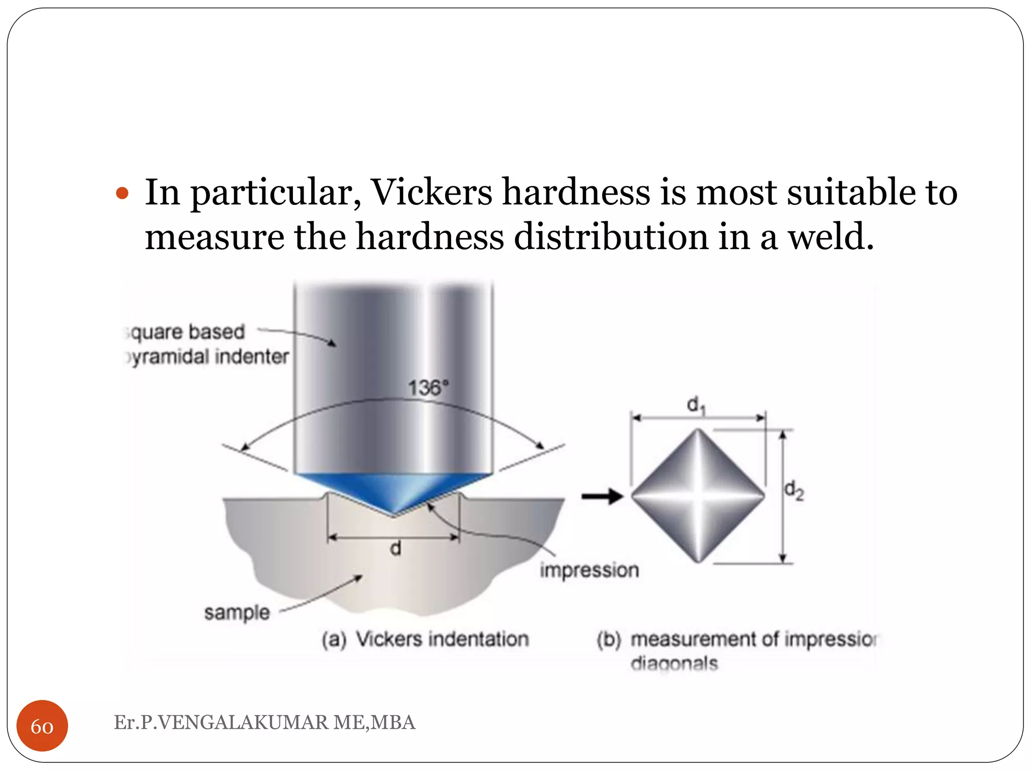 Er.P.VENGALAKUMAR ME,MBA60
 In particular, Vickers hardness is most suitable to
measure the hardness distribution in a weld.
 