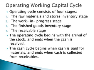  Operating cycle consists of four stages:
1. The raw materials and stores inventory stage
2. The work- in- progress stage
3. The finished goods inventory stage
4. The receivable stage
 The operating cycle begins with the arrival of
the stock, and ends when the cash is
received.
 The cash cycle begins when cash is paid for
materials, and ends when cash is collected
from receivables.
 
