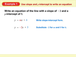 Example 1     Use slope and y-intercept to write an equation

Write an equation of the line with a slope of – 2 and a
y-intercept of 5.

        y = mx + b         Write slope-intercept form.


        y = – 2x + 5       Substitute – 2 for m and 5 for b.
 