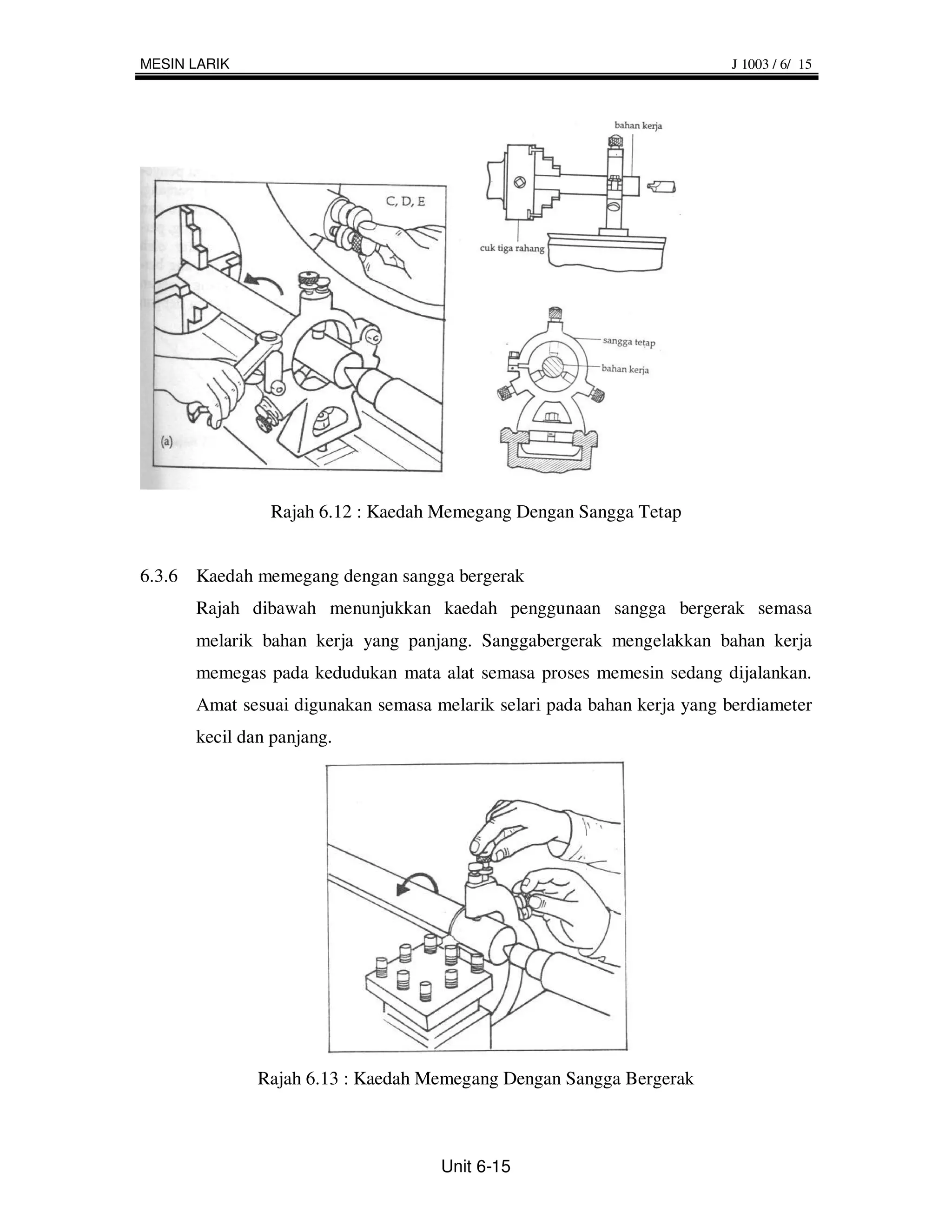 MESIN LARIK                                                             J 1003 / 6/ 15




               Rajah 6.12 : Kaedah Memegang Dengan Sangga Tetap


6.3.6 Kaedah memegang dengan sangga bergerak
      Rajah dibawah menunjukkan kaedah penggunaan sangga bergerak semasa
      melarik bahan kerja yang panjang. Sanggabergerak mengelakkan bahan kerja
      memegas pada kedudukan mata alat semasa proses memesin sedang dijalankan.
      Amat sesuai digunakan semasa melarik selari pada bahan kerja yang berdiameter
      kecil dan panjang.




              Rajah 6.13 : Kaedah Memegang Dengan Sangga Bergerak



                                    Unit 6-15
 