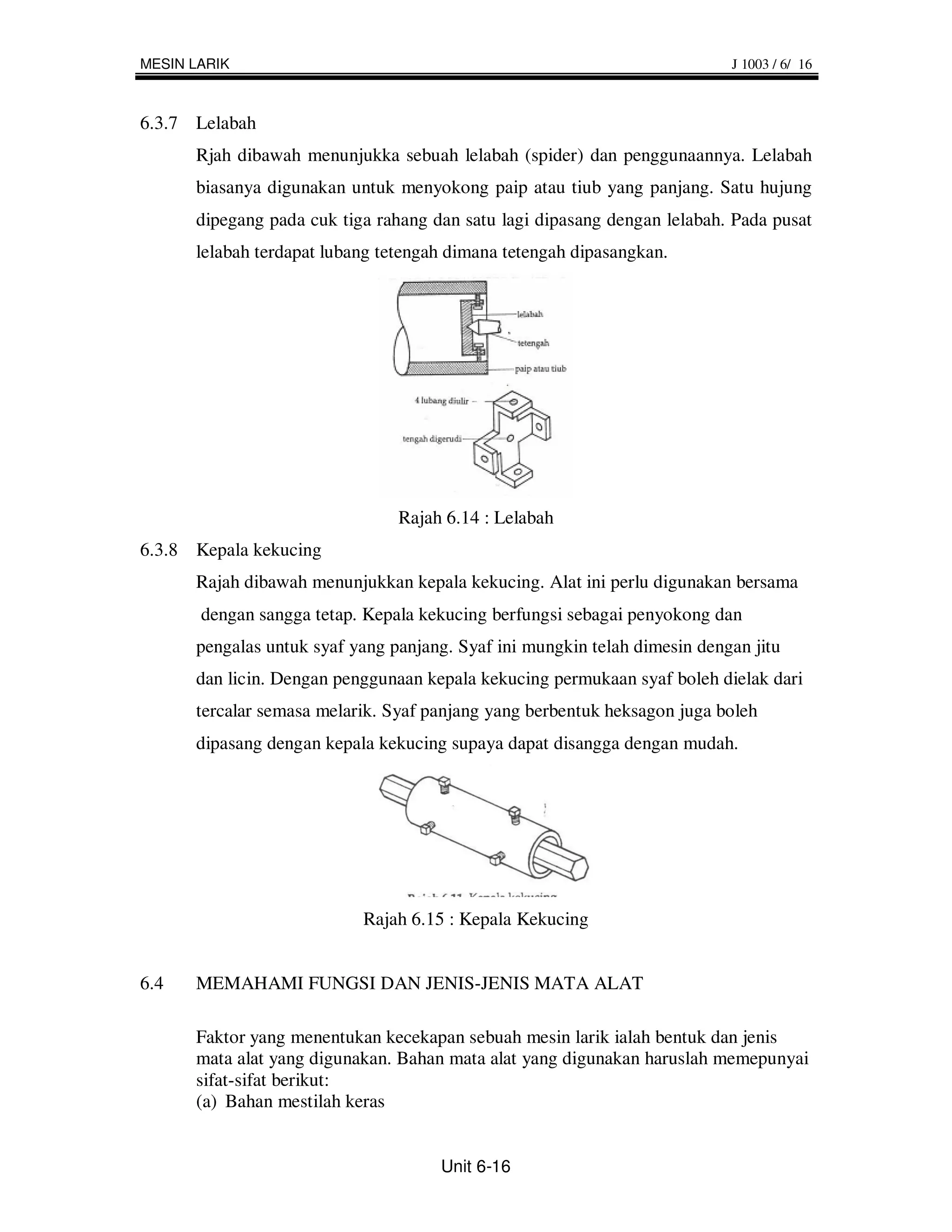 MESIN LARIK                                                                J 1003 / 6/ 16



6.3.7 Lelabah
      Rjah dibawah menunjukka sebuah lelabah (spider) dan penggunaannya. Lelabah
      biasanya digunakan untuk menyokong paip atau tiub yang panjang. Satu hujung
      dipegang pada cuk tiga rahang dan satu lagi dipasang dengan lelabah. Pada pusat
      lelabah terdapat lubang tetengah dimana tetengah dipasangkan.




                                Rajah 6.14 : Lelabah
6.3.8 Kepala kekucing
      Rajah dibawah menunjukkan kepala kekucing. Alat ini perlu digunakan bersama
       dengan sangga tetap. Kepala kekucing berfungsi sebagai penyokong dan
      pengalas untuk syaf yang panjang. Syaf ini mungkin telah dimesin dengan jitu
      dan licin. Dengan penggunaan kepala kekucing permukaan syaf boleh dielak dari
      tercalar semasa melarik. Syaf panjang yang berbentuk heksagon juga boleh
      dipasang dengan kepala kekucing supaya dapat disangga dengan mudah.




                           Rajah 6.15 : Kepala Kekucing


6.4   MEMAHAMI FUNGSI DAN JENIS-JENIS MATA ALAT

      Faktor yang menentukan kecekapan sebuah mesin larik ialah bentuk dan jenis
      mata alat yang digunakan. Bahan mata alat yang digunakan haruslah memepunyai
      sifat-sifat berikut:
      (a) Bahan mestilah keras


                                     Unit 6-16
 