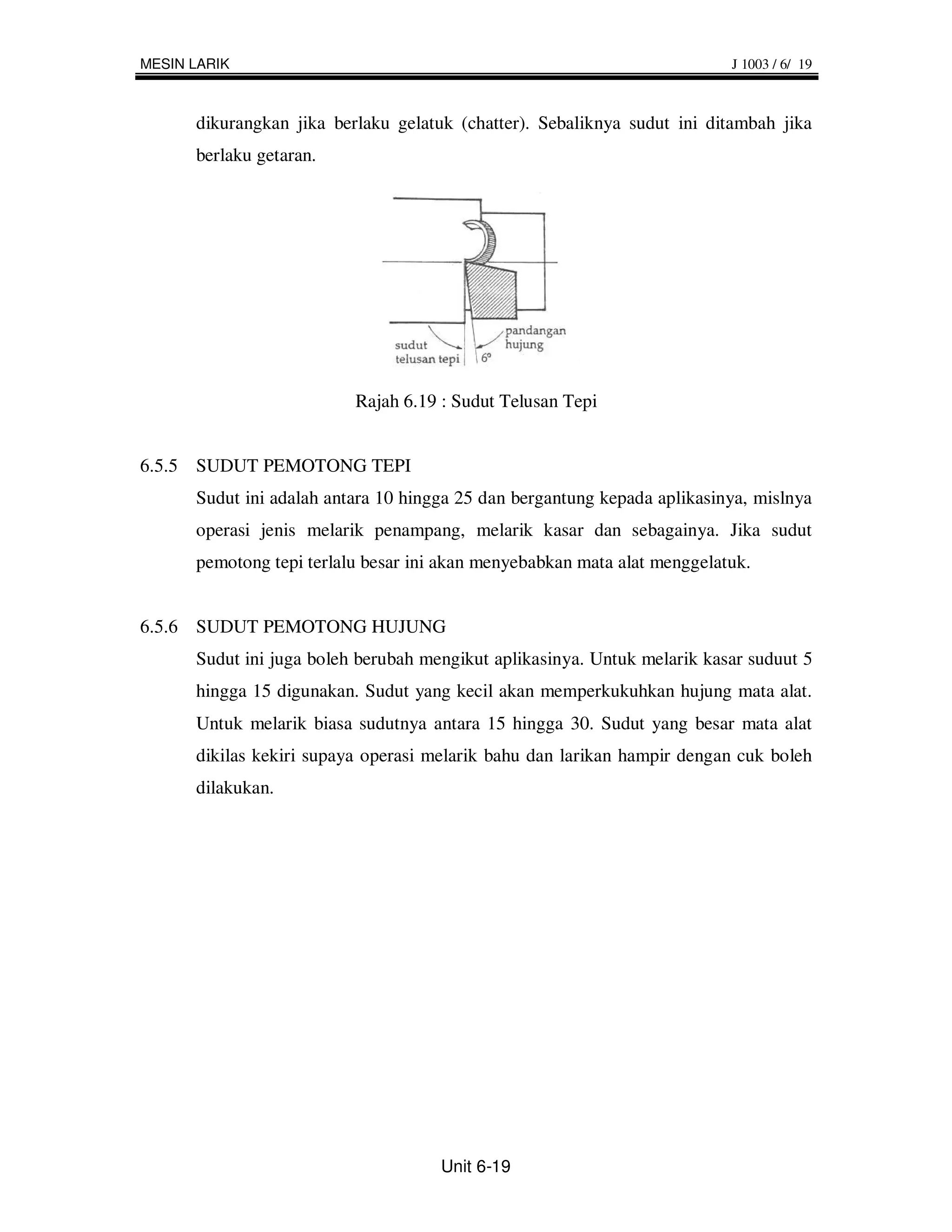 MESIN LARIK                                                               J 1003 / 6/ 19



      dikurangkan jika berlaku gelatuk (chatter). Sebaliknya sudut ini ditambah jika
      berlaku getaran.




                          Rajah 6.19 : Sudut Telusan Tepi


6.5.5 SUDUT PEMOTONG TEPI
      Sudut ini adalah antara 10 hingga 25 dan bergantung kepada aplikasinya, mislnya
      operasi jenis melarik penampang, melarik kasar dan sebagainya. Jika sudut
      pemotong tepi terlalu besar ini akan menyebabkan mata alat menggelatuk.


6.5.6 SUDUT PEMOTONG HUJUNG
      Sudut ini juga boleh berubah mengikut aplikasinya. Untuk melarik kasar suduut 5
      hingga 15 digunakan. Sudut yang kecil akan memperkukuhkan hujung mata alat.
      Untuk melarik biasa sudutnya antara 15 hingga 30. Sudut yang besar mata alat
      dikilas kekiri supaya operasi melarik bahu dan larikan hampir dengan cuk boleh
      dilakukan.




                                     Unit 6-19
 