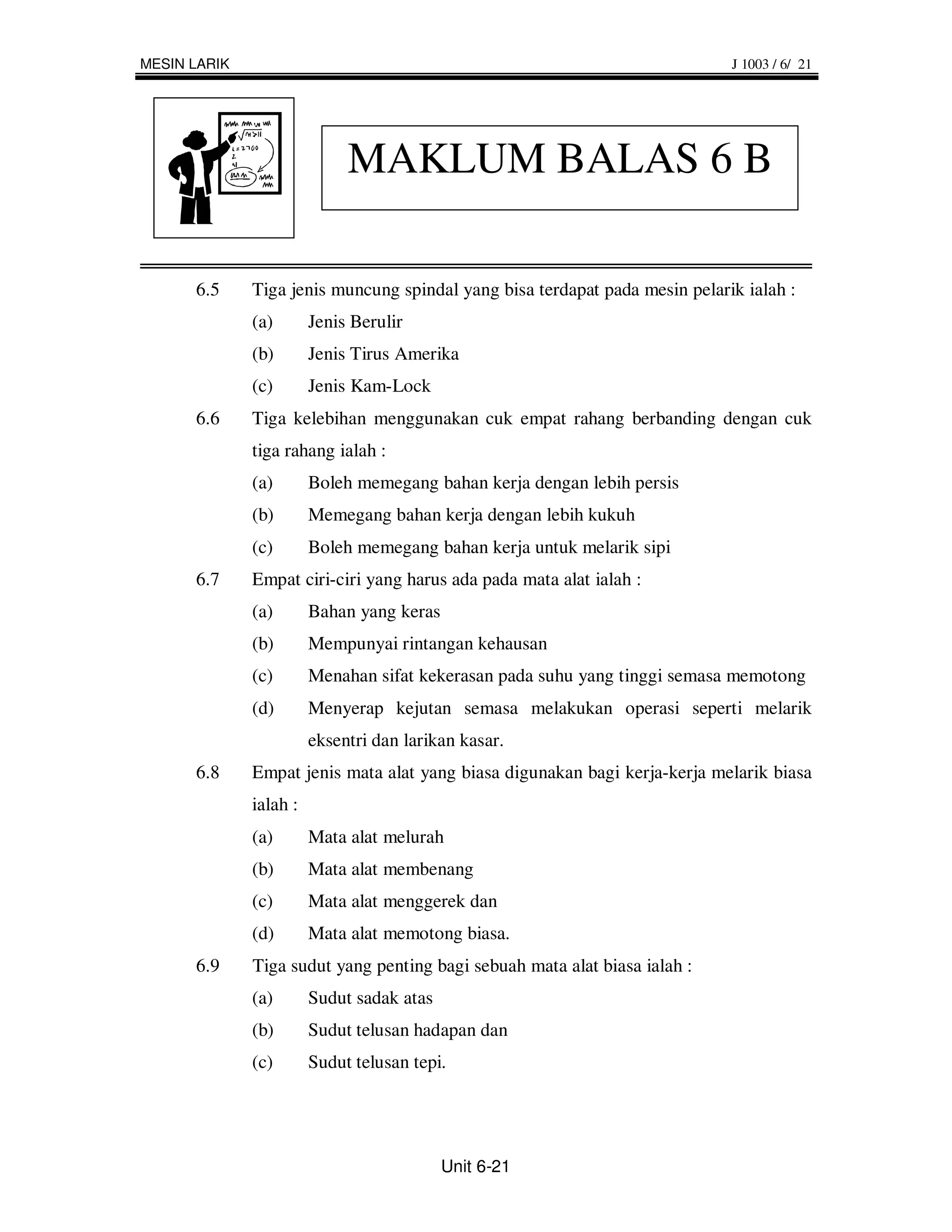 MESIN LARIK                                                                  J 1003 / 6/ 21




                             MAKLUM BALAS 6 B

      6.5     Tiga jenis muncung spindal yang bisa terdapat pada mesin pelarik ialah :
              (a)       Jenis Berulir
              (b)       Jenis Tirus Amerika
              (c)       Jenis Kam-Lock
      6.6     Tiga kelebihan menggunakan cuk empat rahang berbanding dengan cuk
              tiga rahang ialah :
              (a)       Boleh memegang bahan kerja dengan lebih persis
              (b)       Memegang bahan kerja dengan lebih kukuh
              (c)       Boleh memegang bahan kerja untuk melarik sipi
      6.7     Empat ciri-ciri yang harus ada pada mata alat ialah :
              (a)       Bahan yang keras
              (b)       Mempunyai rintangan kehausan
              (c)       Menahan sifat kekerasan pada suhu yang tinggi semasa memotong
              (d)       Menyerap kejutan semasa melakukan operasi seperti melarik
                        eksentri dan larikan kasar.
      6.8     Empat jenis mata alat yang biasa digunakan bagi kerja-kerja melarik biasa
              ialah :
              (a)       Mata alat melurah
              (b)       Mata alat membenang
              (c)       Mata alat menggerek dan
              (d)       Mata alat memotong biasa.
      6.9     Tiga sudut yang penting bagi sebuah mata alat biasa ialah :
              (a)       Sudut sadak atas
              (b)       Sudut telusan hadapan dan
              (c)       Sudut telusan tepi.




                                           Unit 6-21
 
