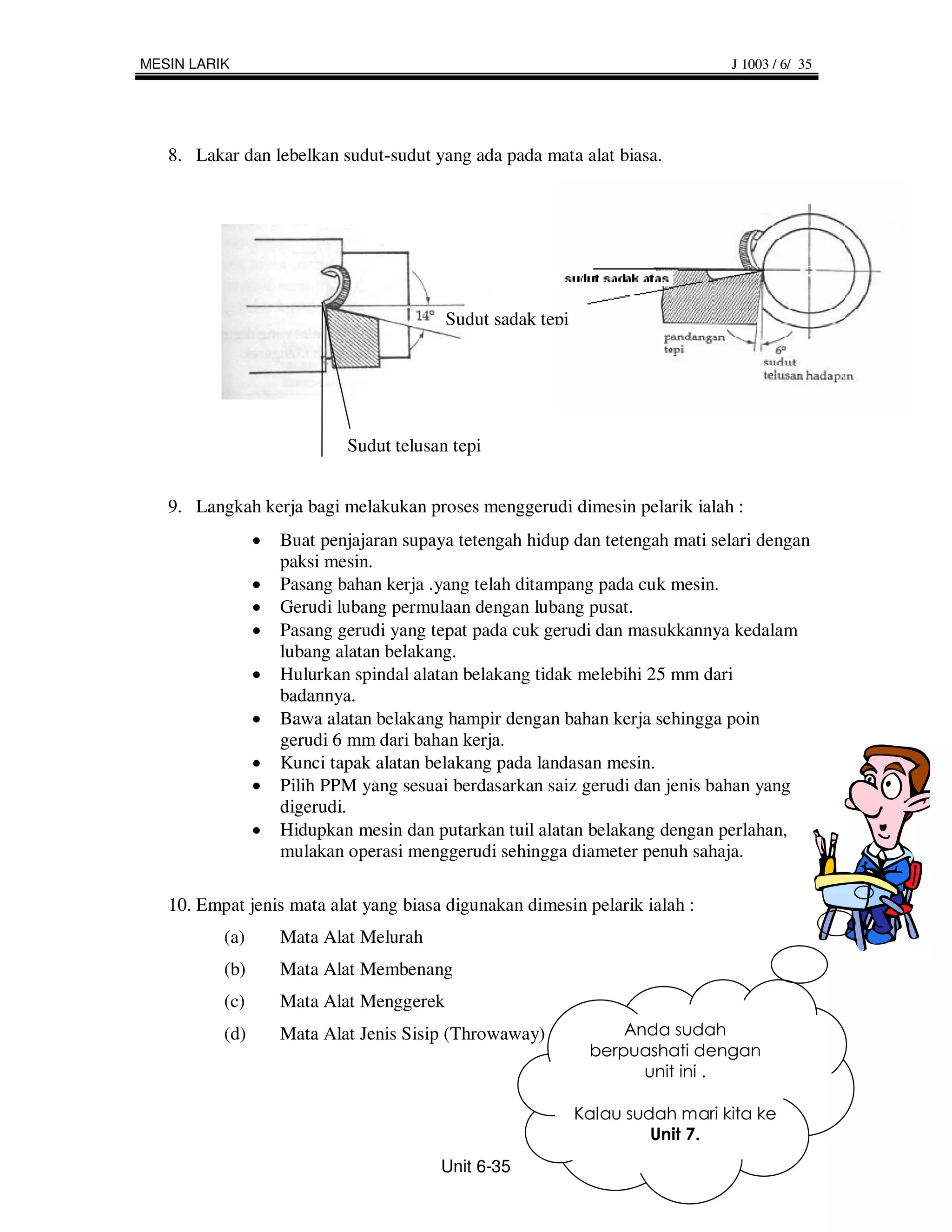 MESIN LARIK                                                                 J 1003 / 6/ 35




   8. Lakar dan lebelkan sudut-sudut yang ada pada mata alat biasa.




                                       Sudut sadak tepi




                          Sudut telusan tepi


   9. Langkah kerja bagi melakukan proses menggerudi dimesin pelarik ialah :
                 Buat penjajaran supaya tetengah hidup dan tetengah mati selari dengan
                 paksi mesin.
                 Pasang bahan kerja .yang telah ditampang pada cuk mesin.
                 Gerudi lubang permulaan dengan lubang pusat.
                 Pasang gerudi yang tepat pada cuk gerudi dan masukkannya kedalam
                 lubang alatan belakang.
                 Hulurkan spindal alatan belakang tidak melebihi 25 mm dari
                 badannya.
                 Bawa alatan belakang hampir dengan bahan kerja sehingga poin
                 gerudi 6 mm dari bahan kerja.
                 Kunci tapak alatan belakang pada landasan mesin.
                 Pilih PPM yang sesuai berdasarkan saiz gerudi dan jenis bahan yang
                 digerudi.
                 Hidupkan mesin dan putarkan tuil alatan belakang dengan perlahan,
                 mulakan operasi menggerudi sehingga diameter penuh sahaja.

   10. Empat jenis mata alat yang biasa digunakan dimesin pelarik ialah :
          (a)    Mata Alat Melurah
          (b)    Mata Alat Membenang
          (c)    Mata Alat Menggerek
          (d)    Mata Alat Jenis Sisip (Throwaway)




                                       Unit 6-35
 