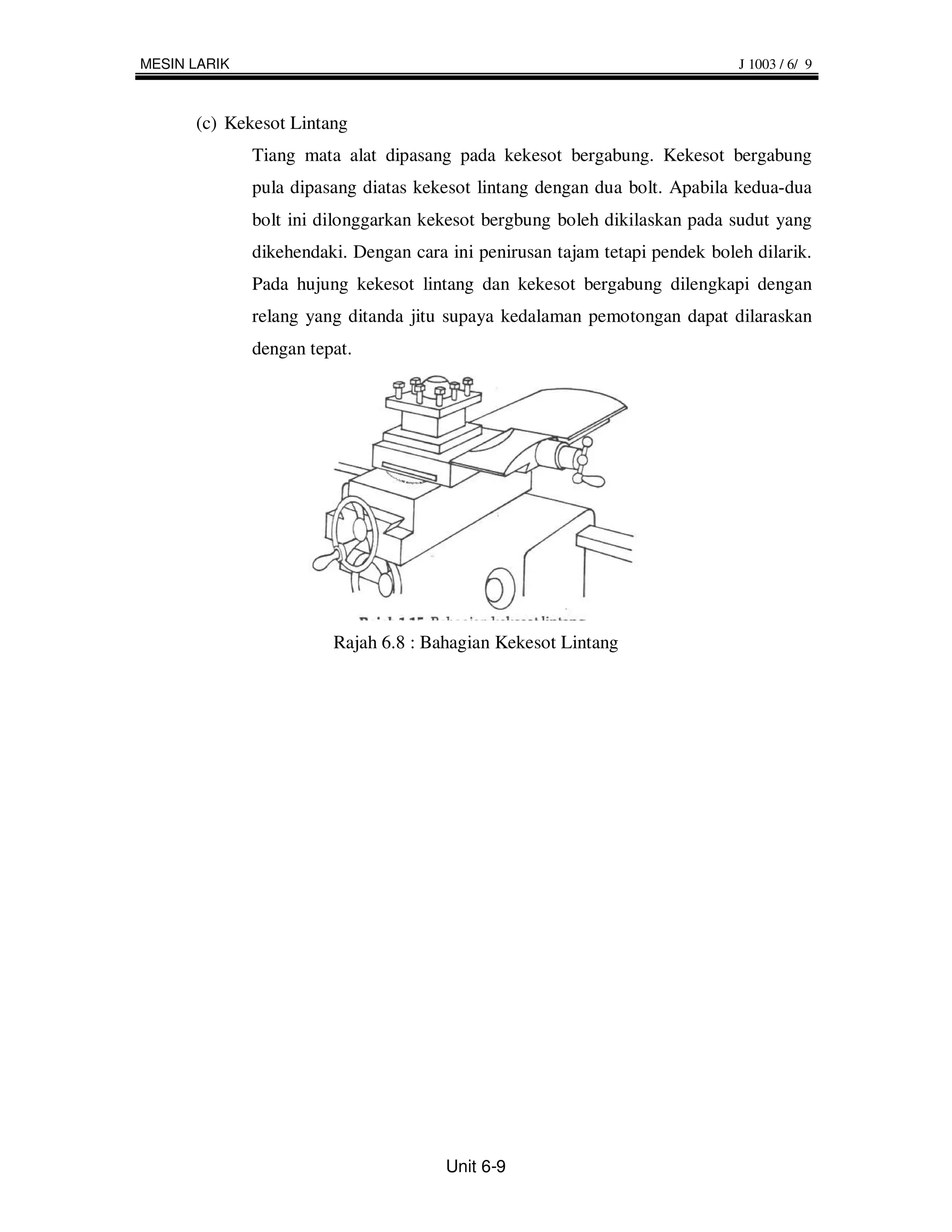 MESIN LARIK                                                                  J 1003 / 6/ 9



      (c) Kekesot Lintang
              Tiang mata alat dipasang pada kekesot bergabung. Kekesot bergabung
              pula dipasang diatas kekesot lintang dengan dua bolt. Apabila kedua-dua
              bolt ini dilonggarkan kekesot bergbung boleh dikilaskan pada sudut yang
              dikehendaki. Dengan cara ini penirusan tajam tetapi pendek boleh dilarik.
              Pada hujung kekesot lintang dan kekesot bergabung dilengkapi dengan
              relang yang ditanda jitu supaya kedalaman pemotongan dapat dilaraskan
              dengan tepat.




                        Rajah 6.8 : Bahagian Kekesot Lintang




                                       Unit 6-9
 