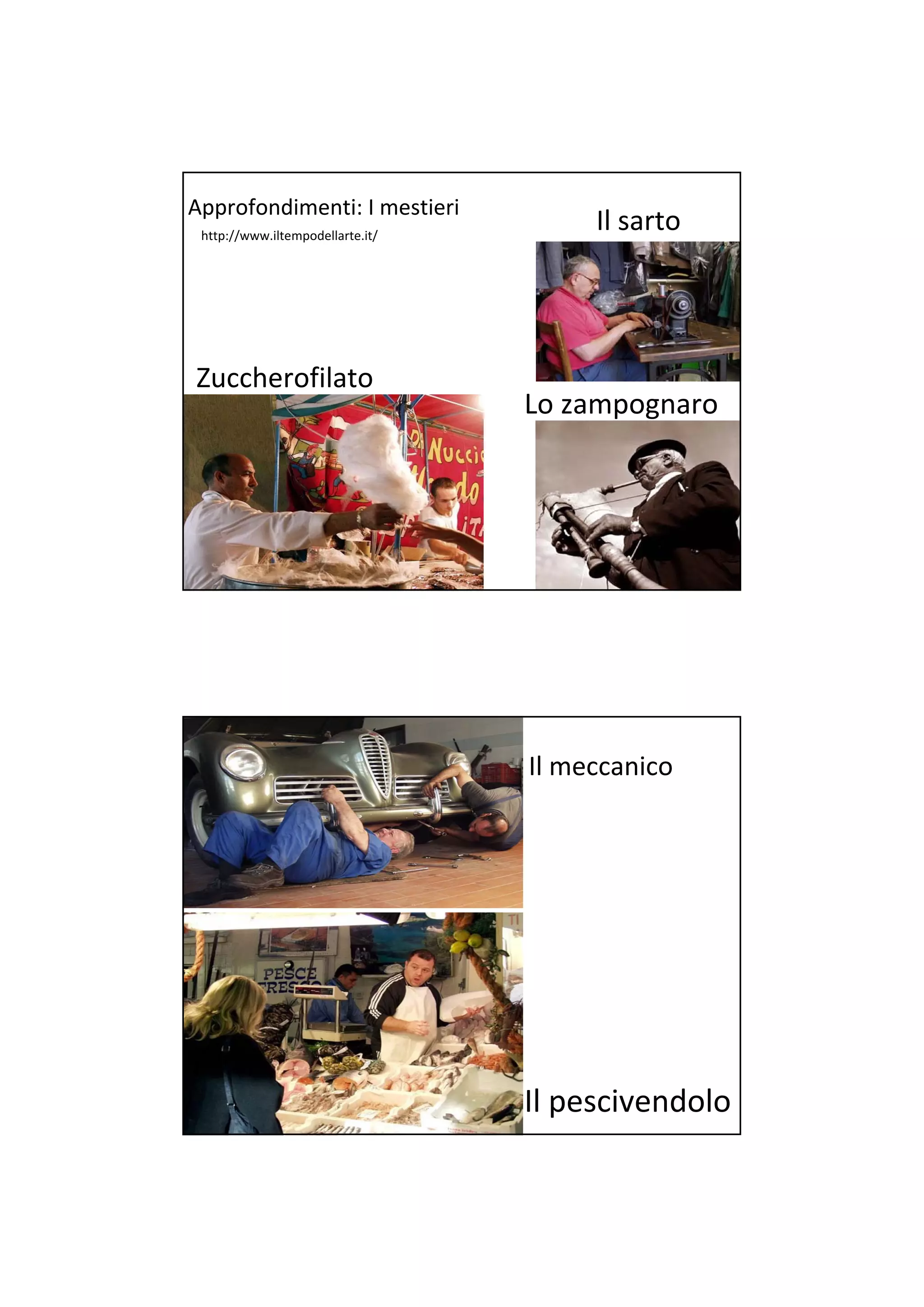 Approfondimenti: I mestieri
 http://www.iltempodellarte.it/
                                       Il sarto




Zuccherofilato
                                  Lo zampognaro




                                  Il meccanico




                                  Il pescivendolo
 