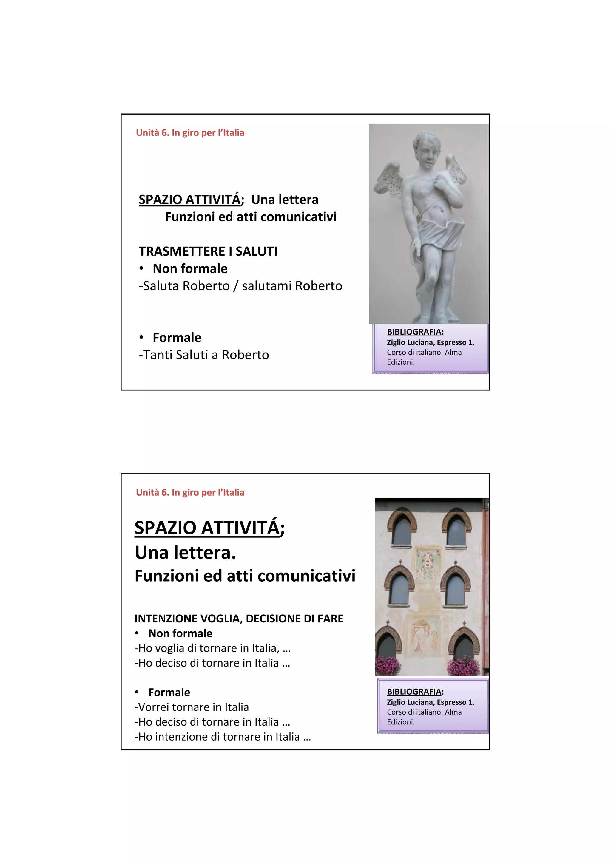 Unità 6. In giro per l’Italia
Unità 6. In giro per




SPAZIO ATTIVITÁ;  Una lettera
   Funzioni ed atti comunicativi

TRASMETTERE I SALUTI
• Non formale
‐Saluta Roberto / salutami Roberto


                                        BIBLIOGRAFIA:
• Formale                               Ziglio Luciana, Espresso 1. 
‐Tanti Saluti a Roberto                 Corso di italiano. Alma 
                                        Edizioni. 




Unità 6. In giro per l’Italia
Unità 6. In giro per


SPAZIO ATTIVITÁ;  
Una lettera. 
Funzioni ed atti comunicativi

INTENZIONE VOGLIA, DECISIONE DI FARE
• Non formale
‐Ho voglia di tornare in Italia, …
‐Ho deciso di tornare in Italia …

• Formale                               BIBLIOGRAFIA:
                                        Ziglio Luciana, Espresso 1. 
‐Vorrei tornare in Italia               Corso di italiano. Alma 
‐Ho deciso di tornare in Italia …       Edizioni. 
‐Ho intenzione di tornare in Italia …
 