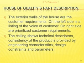 By Prof. Raghavendran V




HOUSE OF QUALITY’S PART DESCRIPTION:

1)   The exterior walls of the house are the
     customer requirements. On the left side is a
     listing of the voice of customer. On right side
     are prioritized customer requirements.
2)   The ceiling shows technical descriptors,
     consistency of the product is provided by
     engineering characteristics, design
     constraints and parameters.

                                                     21
 