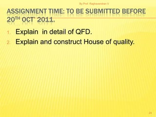 By Prof. Raghavendran V


ASSIGNMENT TIME: TO BE SUBMITTED BEFORE
20TH OCT’ 2011.
1.   Explain in detail of QFD.
2.   Explain and construct House of quality.




                                                   24
 