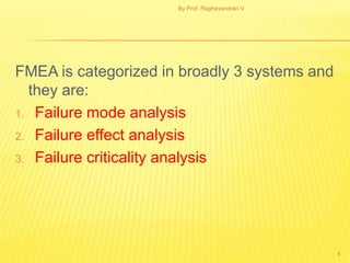 By Prof. Raghavendran V




FMEA is categorized in broadly 3 systems and
  they are:
1. Failure mode analysis

2. Failure effect analysis

3. Failure criticality analysis




                                                4
 
