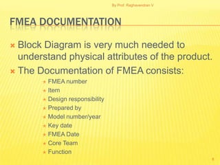 By Prof. Raghavendran V




FMEA DOCUMENTATION

 Block Diagram is very much needed to
  understand physical attributes of the product.
 The Documentation of FMEA consists:
        FMEA number
        Item

        Design responsibility

        Prepared by

        Model number/year

        Key date

        FMEA Date

        Core Team

        Function
                                                           8
 
