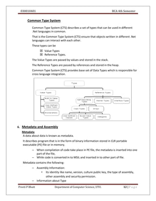 030010401 BCA 4th Semester
Preeti P Bhatt Department of Computer Science, UTU. 12 | P a g e
Common Type System
Common Type System (CTS) describes a set of types that can be used in different
.Net languages in common.
That is the Common Type System (CTS) ensure that objects written in different .Net
languages can interact with each other.
These types can be
 Value Types
 Reference Types.
The Value Types are passed by values and stored in the stack.
The Reference Types are passed by references and stored in the heap.
Common Type System (CTS) provides base set of Data Types which is responsible for
cross language integration.
6. Metadata and Assembly
Metadata
A data about data is known as metadata.
It describes program that is in the form of binary information stored in CLR portable
executable (PE) file or in memory.
– When compilation of code take place in PE file, the metadata is inserted into one
part of the file,
– While code is converted in to MSIL and inserted in to other part of file.
Metadata contains the following:
– Assembly Information:
• Its identity like name, version, culture public key, the type of assembly,
other assembly and security permission.
– Information about Type
 