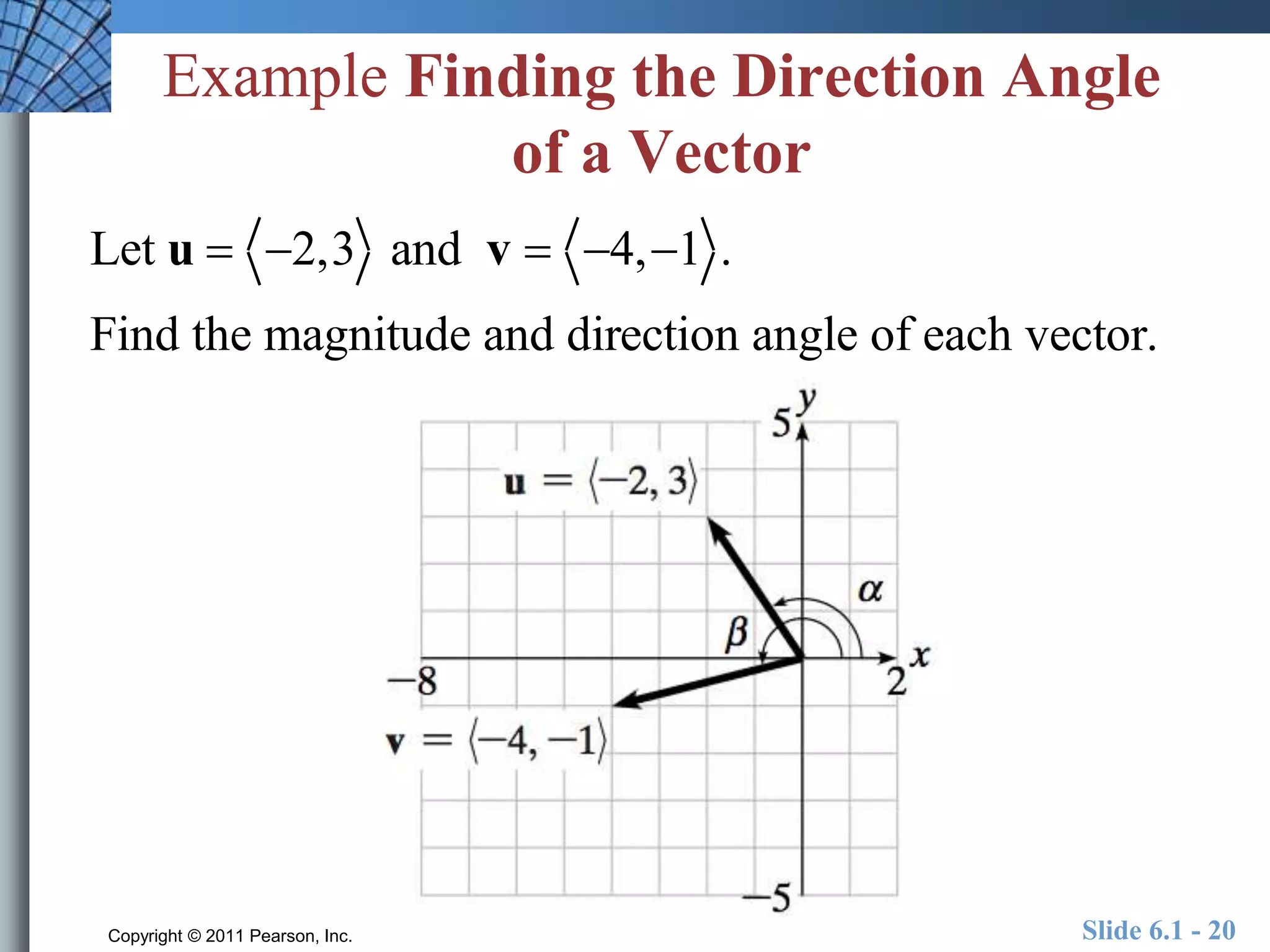 Example Finding the Direction Angle 
of a Vector 
Let u  2,3 and v  4, 1 . 
Find the magnitude and direction angle of each vector. 
Copyright © 2011 Pearson, Inc. Slide 6.1 - 20 
 