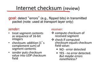 Internet checksum (review)
sender:
• treat segment contents
as sequence of 16-bit
integers
• checksum: addition (1’s
complement sum) of
segment contents
• sender puts checksum
value into UDP checksum
field
receiver:
 compute checksum of
received segment
 check if computed
checksum equals checksum
field value:
 NO - error detected
 YES - no error detected.
But maybe errors
nonetheless?
goal: detect “errors” (e.g., flipped bits) in transmitted
packet (note: used at transport layer only)
 