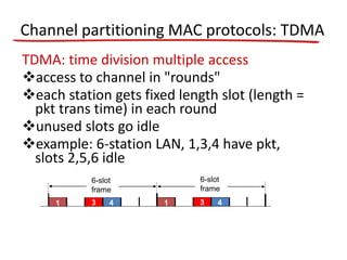 Channel partitioning MAC protocols: TDMA
TDMA: time division multiple access
access to channel in "rounds"
each station gets fixed length slot (length =
pkt trans time) in each round
unused slots go idle
example: 6-station LAN, 1,3,4 have pkt,
slots 2,5,6 idle
1 3 4 1 3 4
6-slot
frame
6-slot
frame
 