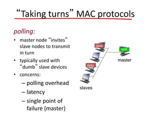 polling:
• master node “invites”
slave nodes to transmit
in turn
• typically used with
“dumb” slave devices
• concerns:
– polling overhead
– latency
– single point of
failure (master)
master
slaves
poll
data
data
“Taking turns” MAC protocols
 