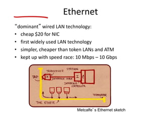 Ethernet
“dominant” wired LAN technology:
• cheap $20 for NIC
• first widely used LAN technology
• simpler, cheaper than token LANs and ATM
• kept up with speed race: 10 Mbps – 10 Gbps
Metcalfe’s Ethernet sketch
 