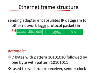 Ethernet frame structure
sending adapter encapsulates IP datagram (or
other network layer protocol packet) in
Ethernet frame
preamble:
7 bytes with pattern 10101010 followed by
one byte with pattern 10101011
 used to synchronize receiver, sender clock
dest.
address
source
address
data
(payload) CRCpreamble
type
 