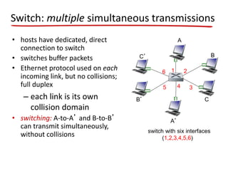 Switch: multiple simultaneous transmissions
• hosts have dedicated, direct
connection to switch
• switches buffer packets
• Ethernet protocol used on each
incoming link, but no collisions;
full duplex
– each link is its own
collision domain
• switching: A-to-A’ and B-to-B’
can transmit simultaneously,
without collisions switch with six interfaces
(1,2,3,4,5,6)
A
A’
B
B’ C
C’
1 2
345
6
 