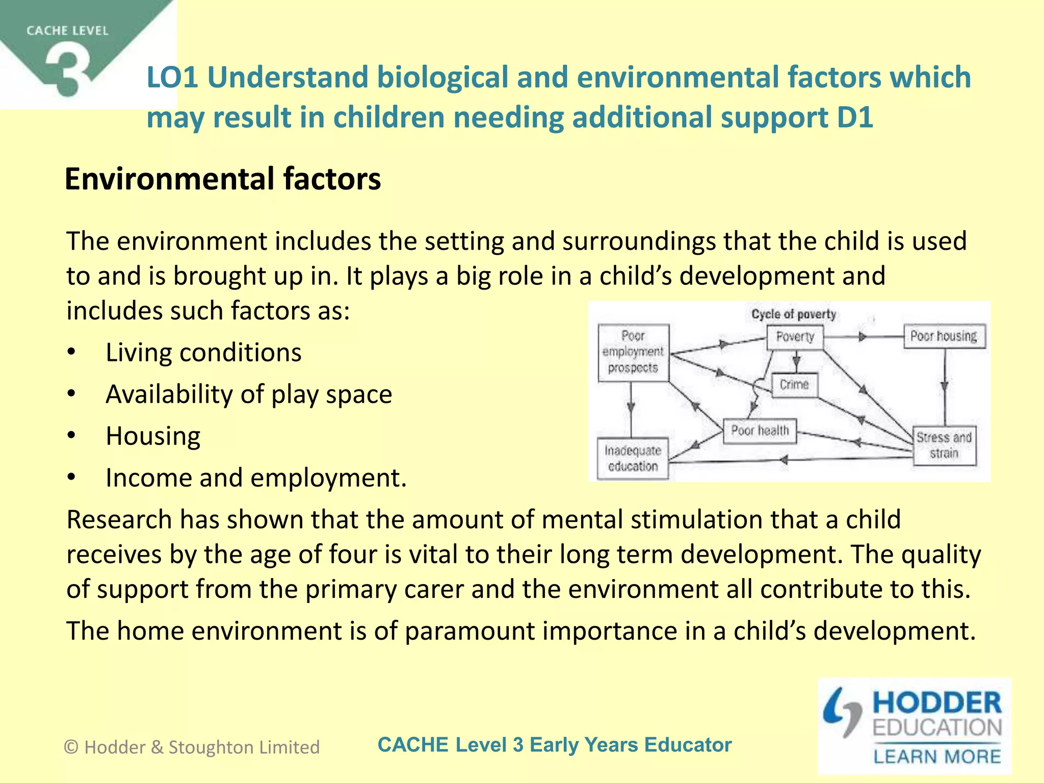 CACHE Level 3 Early Years Educator
The environment includes the setting and surroundings that the child is used
to and is brought up in. It plays a big role in a child’s development and
includes such factors as:
• Living conditions
• Availability of play space
• Housing
• Income and employment.
Research has shown that the amount of mental stimulation that a child
receives by the age of four is vital to their long term development. The quality
of support from the primary carer and the environment all contribute to this.
The home environment is of paramount importance in a child’s development.
Environmental factors
© Hodder & Stoughton Limited
LO1 Understand biological and environmental factors which
may result in children needing additional support D1
 