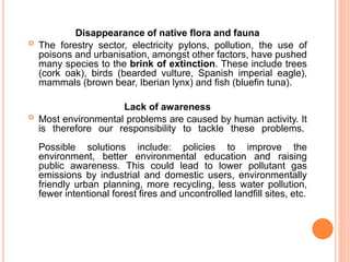 Disappearance of native flora and fauna
 The forestry sector, electricity pylons, pollution, the use of
poisons and urbanisation, amongst other factors, have pushed
many species to the brink of extinction. These include trees
(cork oak), birds (bearded vulture, Spanish imperial eagle),
mammals (brown bear, Iberian lynx) and fish (bluefin tuna).
Lack of awareness
 Most environmental problems are caused by human activity. It
is therefore our responsibility to tackle these problems.
Possible solutions include: policies to improve the
environment, better environmental education and raising
public awareness. This could lead to lower pollutant gas
emissions by industrial and domestic users, environmentally
friendly urban planning, more recycling, less water pollution,
fewer intentional forest fires and uncontrolled landfill sites, etc.
 