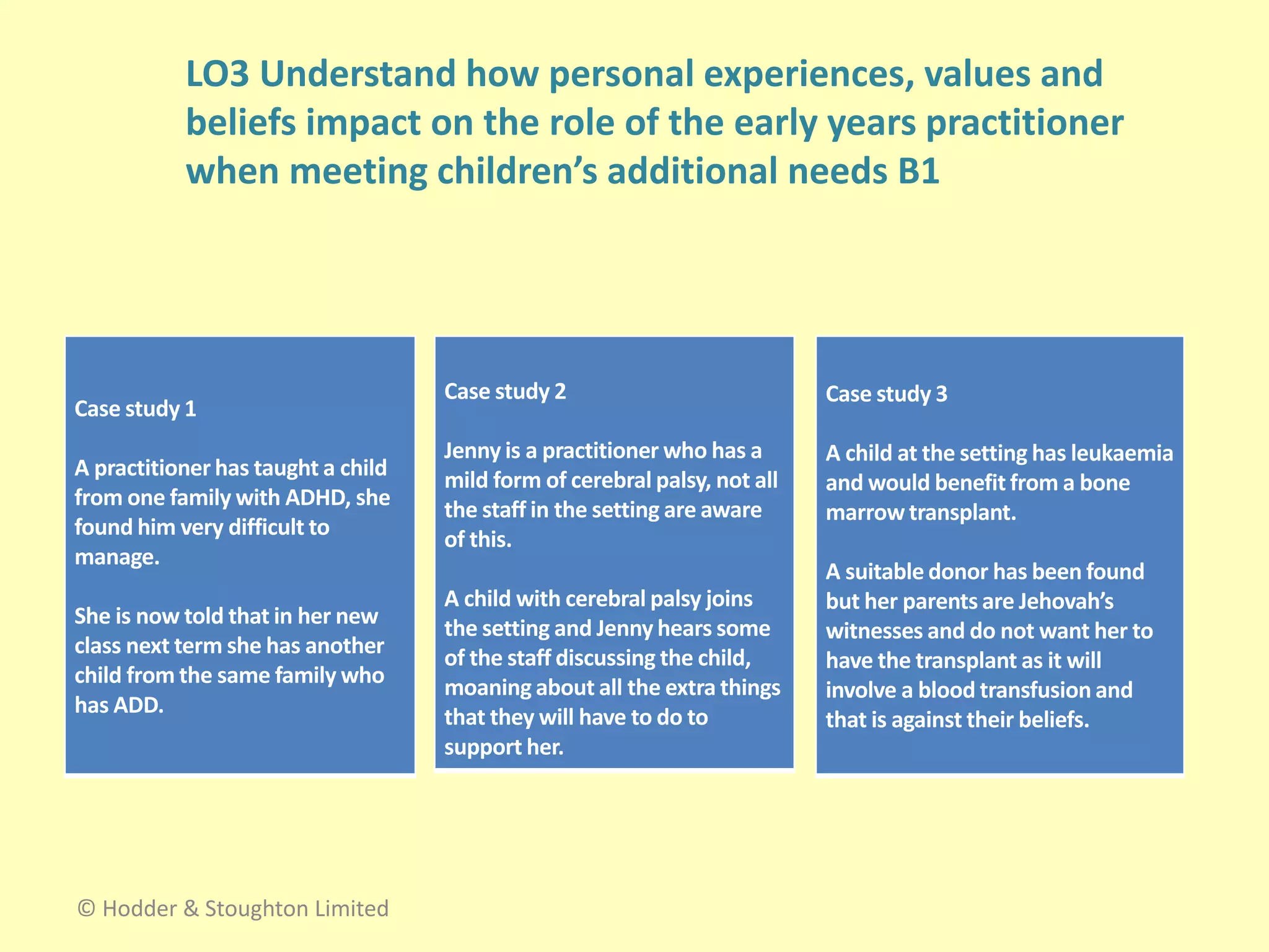 Case study 1
A practitioner has taught a child
from one family with ADHD, she
found him very difficult to
manage.
She is now told that in her new
class next term she has another
child from the same family who
has ADD.
© Hodder & Stoughton Limited
LO3 Understand how personal experiences, values and
beliefs impact on the role of the early years practitioner
when meeting children’s additional needs B1
Case study 2
Jenny is a practitioner who has a
mild form of cerebral palsy, not all
the staff in the setting are aware
of this.
A child with cerebral palsy joins
the setting and Jenny hears some
of the staff discussing the child,
moaning about all the extra things
that they will have to do to
support her.
Case study 3
A child at the setting has leukaemia
and would benefit from a bone
marrow transplant.
A suitable donor has been found
but her parents are Jehovah’s
witnesses and do not want her to
have the transplant as it will
involve a blood transfusion and
that is against their beliefs.
 