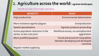 Benefits and risks of the modern agriculture
2. Agriculture across the world: agrarian landscapes.
BENEFITS RISKS
High productivity Environmental deterioration
More resistance against plagues Overproduction
Spatial specialization Agrarian products prices drop
Active population reduction in the
sector, so less cost price
Workforce excess, so unemployment
aggravation
More qualified peasants Social and economic Inequalities
between developing and developed
countries
Regular market supplying
 