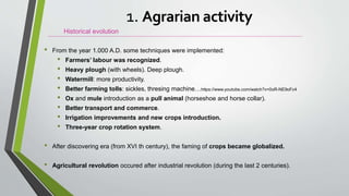 • From the year 1.000 A.D. some techniques were implemented:
• Farmers’ labour was recognized.
• Heavy plough (with wheels). Deep plough.
• Watermill: more productivity.
• Better farming tolls: sickles, thresing machine…https://www.youtube.com/watch?v=0oR-NE9oFc4
• Ox and mule introduction as a pull animal (horseshoe and horse collar).
• Better transport and commerce.
• Irrigation improvements and new crops introduction.
• Three-year crop rotation system.
• After discovering era (from XVI th century), the faming of crops became globalized.
• Agricultural revolution occured after industrial revolution (during the last 2 centuries).
Historical evolution
1. Agrarian activity
 