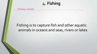 Fishing is to capture fish and other aquatic
animals in oceans and seas, rivers or lakes
Fishing: concept
4. Fishing
 