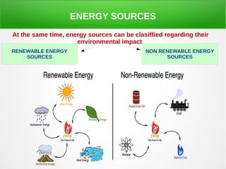 ENERGY SOURCES
At the same time, energy sources can be clasiffied regarding their
environmental impact
RENEWABLE ENERGY
SOURCES
NON RENEWABLE ENERGY
SOURCES
 