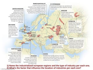 1) Name the industrialized european regions and the type of industry per each one.
2) What's the factor that influence the location of industries per each one?
 