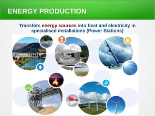 ENERGY PRODUCTION
Transfors energy sources into heat and electricity in
specialised installations (Power Stations)
 