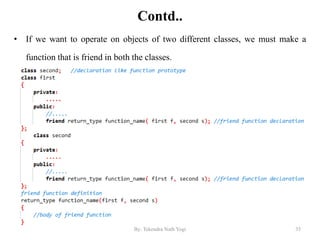 Contd..
• If we want to operate on objects of two different classes, we must make a
function that is friend in both the classes.
35By: Tekendra Nath Yogi
 