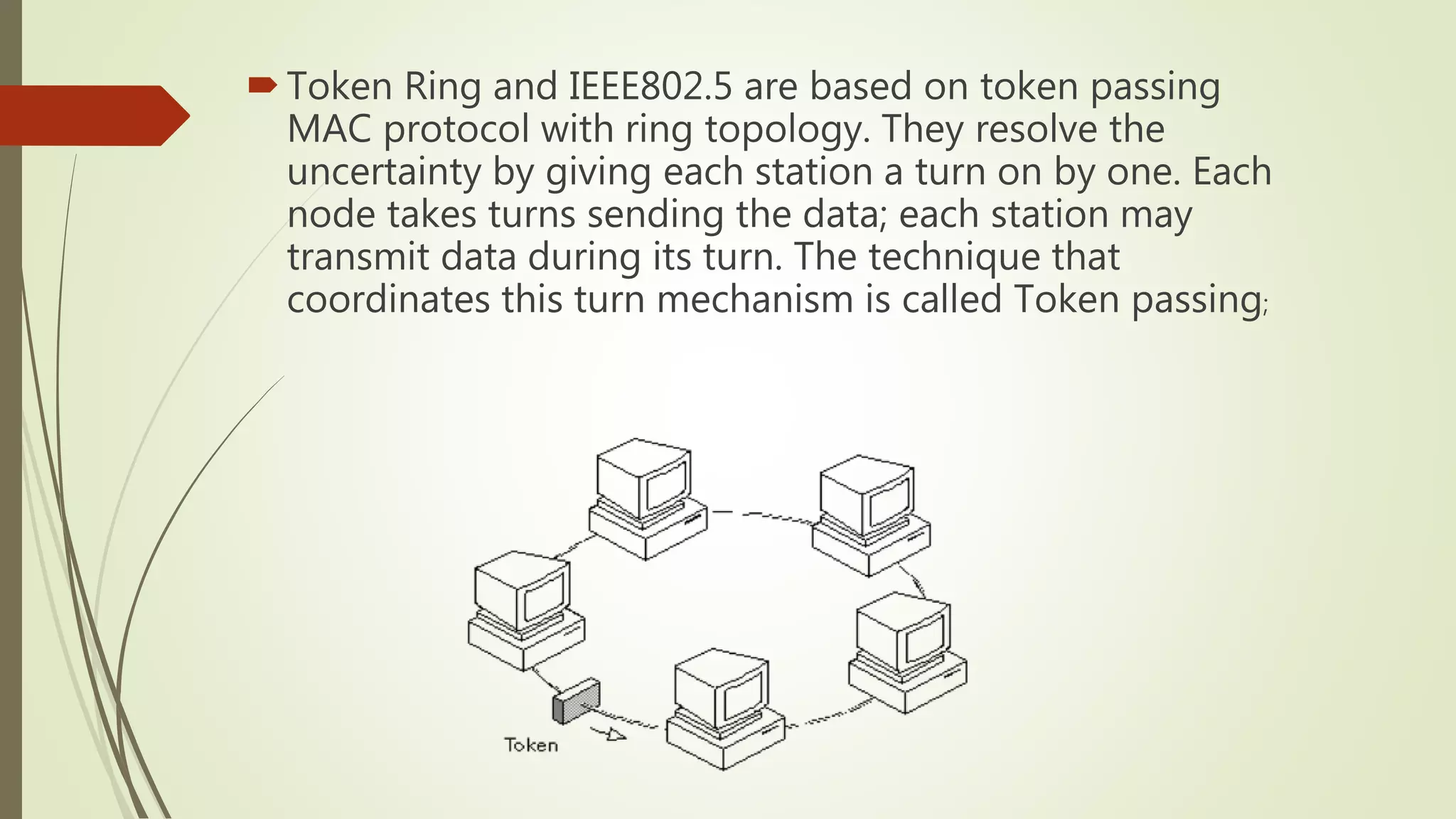 Token Ring and IEEE802.5 are based on token passing
MAC protocol with ring topology. They resolve the
uncertainty by giving each station a turn on by one. Each
node takes turns sending the data; each station may
transmit data during its turn. The technique that
coordinates this turn mechanism is called Token passing;
 