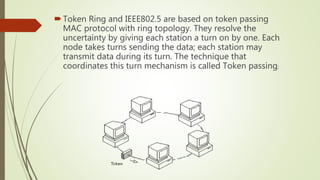 Token Ring and IEEE802.5 are based on token passing
MAC protocol with ring topology. They resolve the
uncertainty by giving each station a turn on by one. Each
node takes turns sending the data; each station may
transmit data during its turn. The technique that
coordinates this turn mechanism is called Token passing;
 