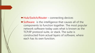 Hub/Switch/Router – connecting devices
Software: is the intelligence that causes all of the
components to function together. The most popular
network software today uses what is known as the
TCP/IP protocol suite, or stack. The suite is
constructed from actual layers of software, where
each has its own function.
 