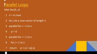 Parallel Loops
Mat-Vec(A, x)
1 n = A.rows
2 let y be a new vector of length n
3 parallel for i = 1 to n
4 yi = 0
5 parallel for i = 1 to n
6 for j = 1 to n
7 return yi = yi + aij⋅xj
 