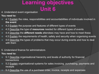 Learning objectives
Unit 64. Understand event organisation
You need to:
 4.1 Explain the roles, responsibilities and accountabilities of individuals involved in
the event
 4.2 Explain the purpose and features of different types of events
 4.3 Describe the type of resources needed for different types of events
 4.4 Describe the different needs attendees may have and how to meet these
 4.5 Explain the requirements of health, safety and security when organising events
 4.6 Describe the types of problems that may occur during events and how to deal
with them
5. Understand finance for administrators
You need to:
 5.1 Describe organisational hierarchy and levels of authority for financial
transactions
 5.2 Explain organisational systems for sales invoicing, purchasing, payments and
receipts
 5.3 Describe the use of a purchase order, invoice, receipts and expenses
 