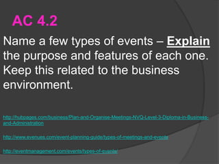 AC 4.2
Name a few types of events – Explain
the purpose and features of each one.
Keep this related to the business
environment.
http://hubpages.com/business/Plan-and-Organise-Meetings-NVQ-Level-3-Diploma-in-Business-
and-Administration
http://www.evenues.com/event-planning-guide/types-of-meetings-and-events
http://eventmanagement.com/events/types-of-events/
 