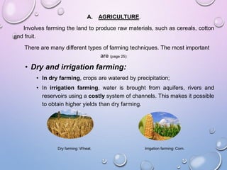 A. AGRICULTURE.
Involves farming the land to produce raw materials, such as cereals, cotton
and fruit.
There are many different types of farming techniques. The most important
are (page 25):
• Dry and irrigation farming:
• In dry farming, crops are watered by precipitation;
• In irrigation farming, water is brought from aquifers, rivers and
reservoirs using a costly system of channels. This makes it possible
to obtain higher yields than dry farming.
Dry farming: Wheat. Irrigation farming: Corn.
 