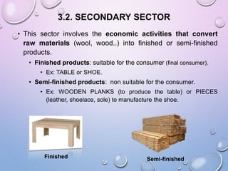 3.2. SECONDARY SECTOR
• This sector involves the economic activities that convert
raw materials (wool, wood..) into finished or semi-finished
products.
• Finished products: suitable for the consumer (final consumer).
• Ex: TABLE or SHOE.
• Semi-finished products: non suitable for the consumer.
• Ex: WOODEN PLANKS (to produce the table) or PIECES
(leather, shoelace, sole) to manufacture the shoe.
Finished Semi-finished
 